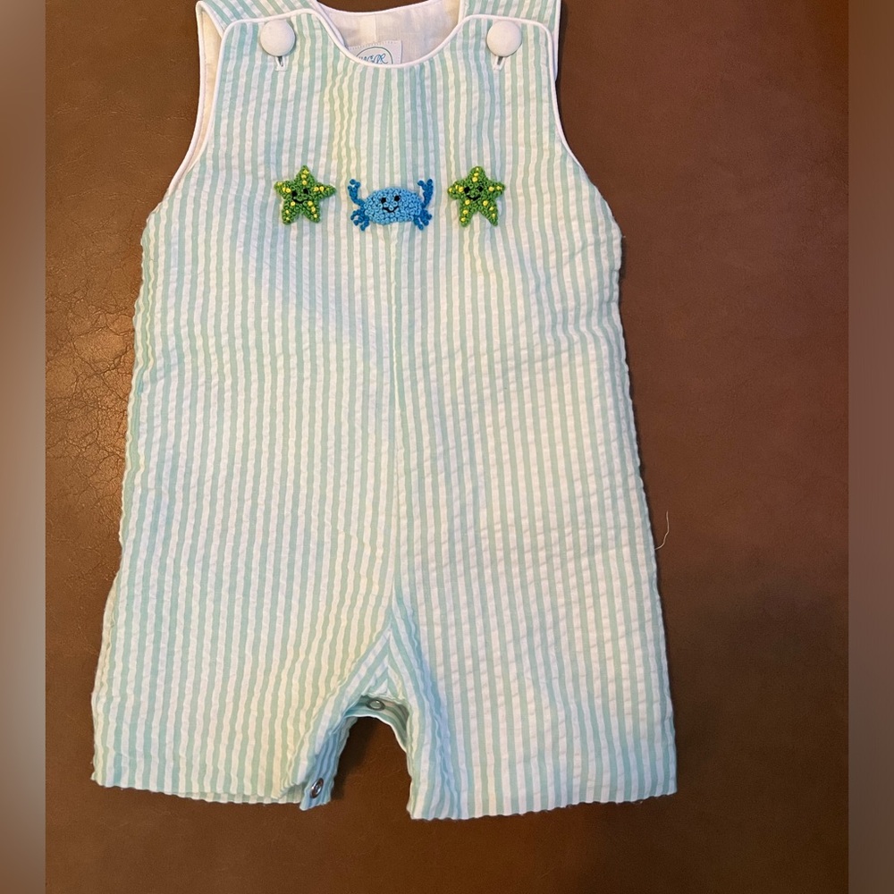Sugar Dumplin’ green and white striped Jon Jon overall size 9 months sea theme